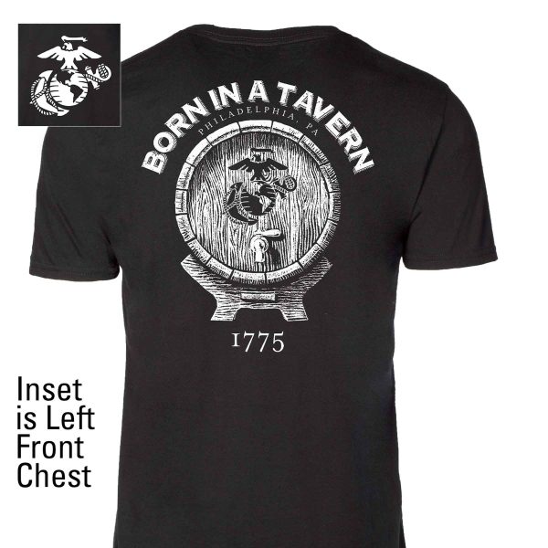 Born In A Tavern Back With Left Chest T-shirt For Sale